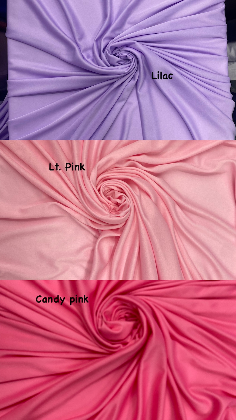 May include: Three fabric swatches in different shades of pink. The top swatch is lilac, the middle swatch is light pink, and the bottom swatch is candy pink.