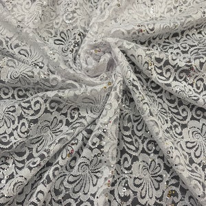 White Double Scallop Lace w/sequins and Glitter, 50" Wide, Sells by the Yard