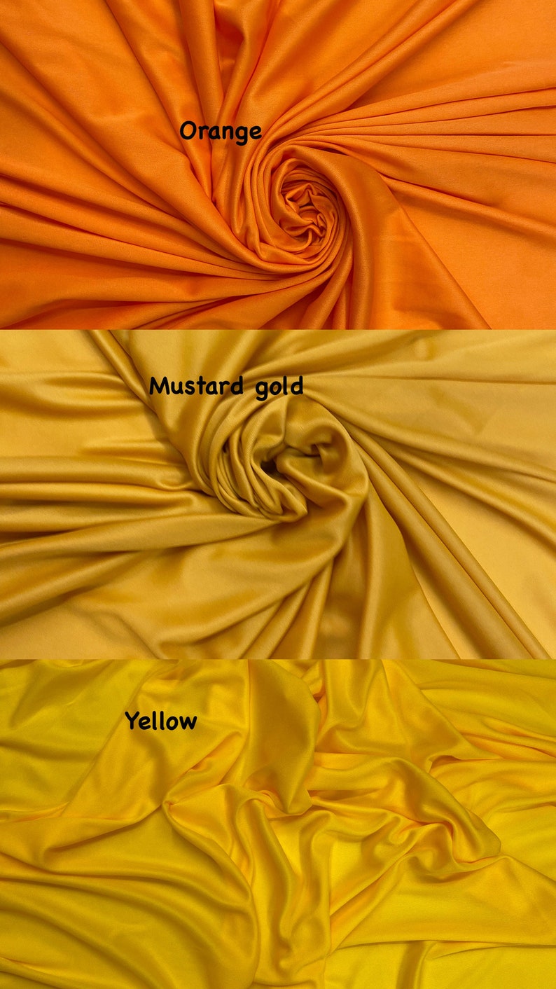 May include: Three fabric swatches in different shades of yellow. The top swatch is orange, the middle swatch is mustard gold, and the bottom swatch is yellow.