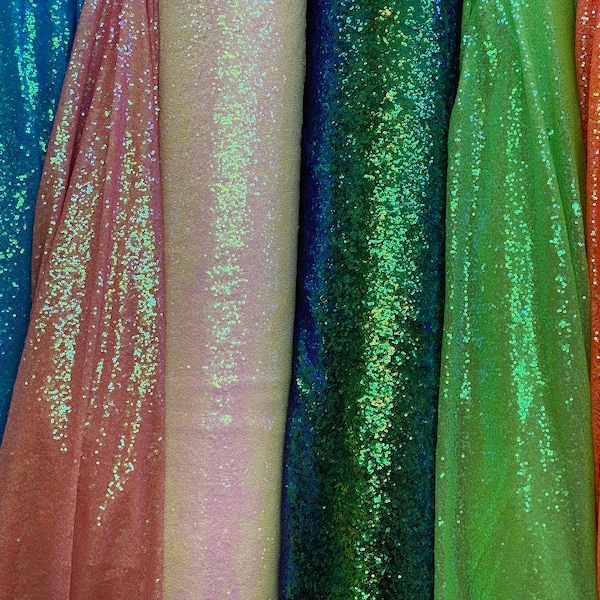 Iridescent OR Hologram 3mm Glitz Sequins On Mesh Fabric, 54" Wide, Sells by the Yard, Price is for a Full Yard