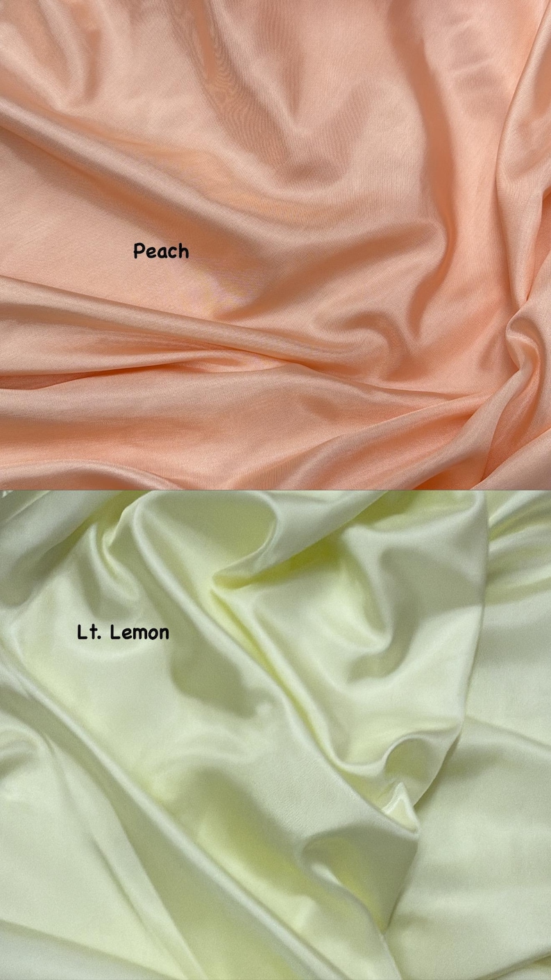 Puede incluir: Se muestran dos secciones de tela, una melocot&oacute;n y otra lim&oacute;n claro. La tela melocot&oacute;n est&aacute; arriba, con la palabra "Peach" impresa. La tela lim&oacute;n claro est&aacute; debajo, con el texto "Lt. Lemon" impreso. La tela tiene un aspecto sedoso y fluido.