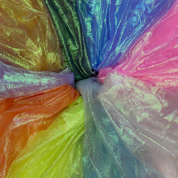 Organza fantasía iridiscente y brillante, 45" de ancho, se vende cortada a medida, muchos colores disponibles.