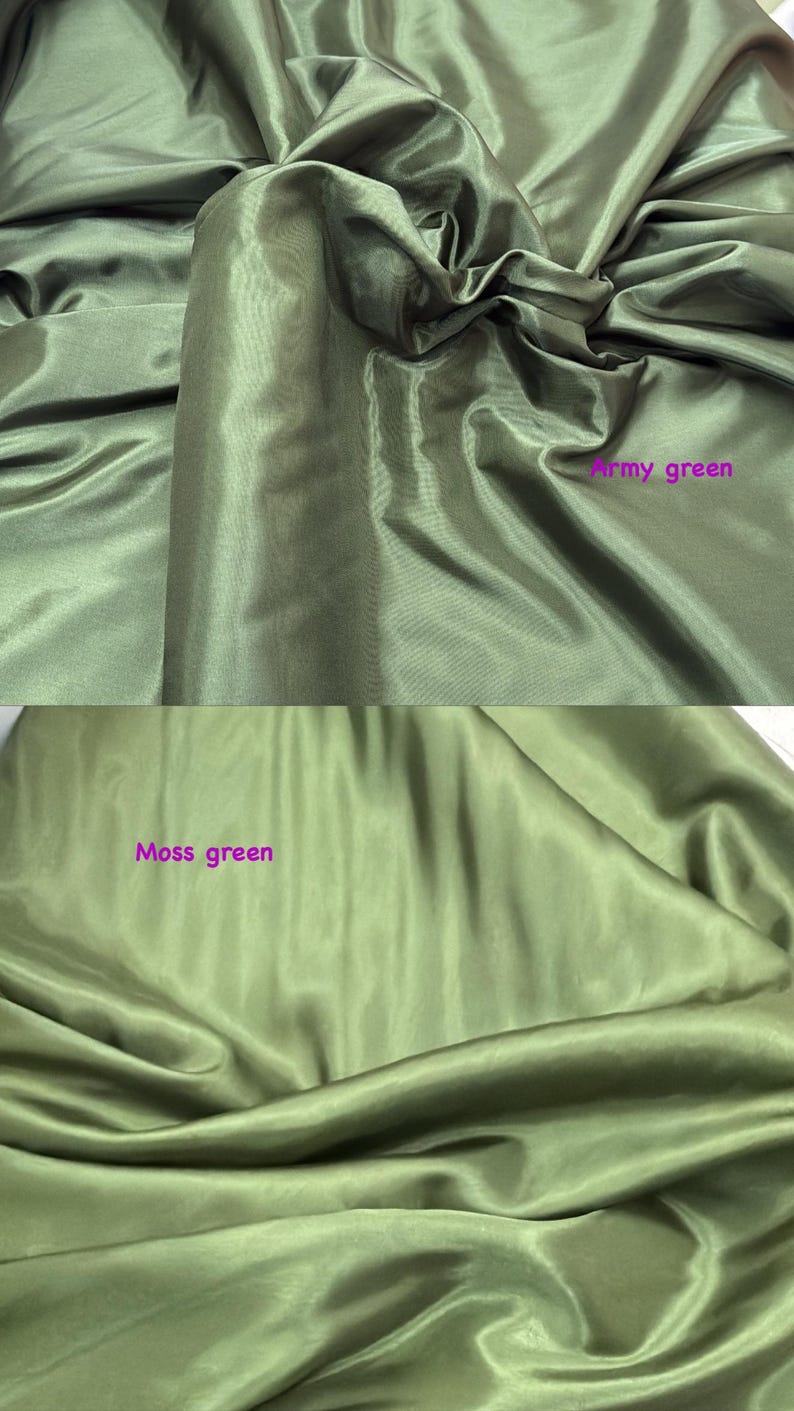 Puede incluir: Primer plano de dos secciones de tela verde oliva. La secci&oacute;n superior est&aacute; etiquetada como "Army green" y la secci&oacute;n inferior como "Moss green". La tela tiene un aspecto brillante y sedoso con pliegues y arrugas suaves.