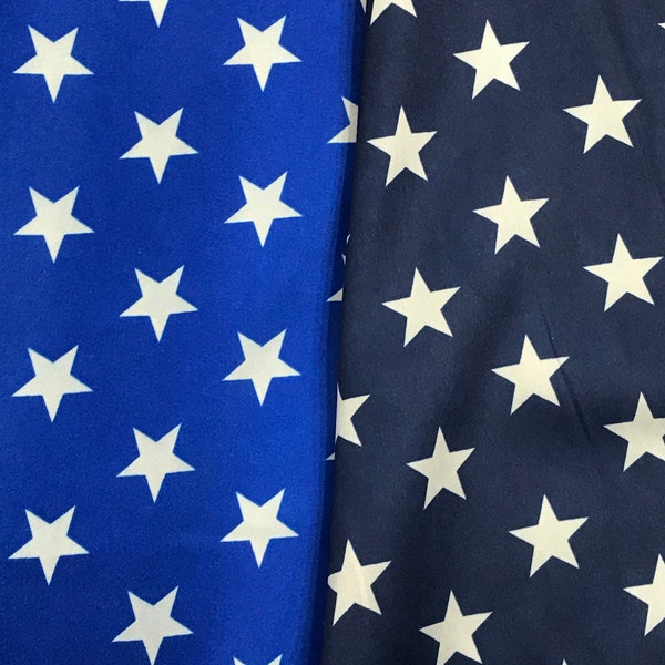 Patriotic White Stars on Royal Blue or on Navy Satin Fabric, 60" Wide, Sells by the Yard, non-stretch