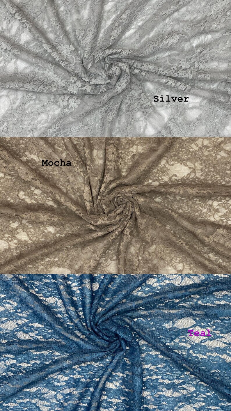 May include: Three swatches of floral lace fabric arranged in a vertical stack. The top section is silver, the middle section is labeled Mocha, and the bottom section is labeled Teal. Each piece of fabric features a delicate, intricate floral pattern.