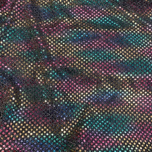 May include: Close-up of iridescent fabric with a rainbow polka dot pattern. The fabric is made of a mesh material with small, round sequins.