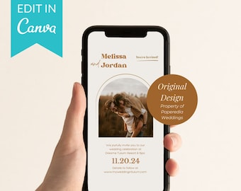 Mobile Wedding Invitation Template, Editable with Canva, Terracotta neutral colors electronic wedding invitation boho wedding invitation