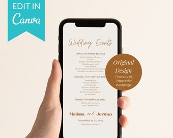 Mobile Wedding Itinerary and Details Template, Editable with Canva, Terracotta neutral colors electronic boho wedding details template