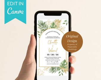 Tropical Green Gold Leaves Mobile Destination Wedding Invitation Template, Editable with Canva, Digital Plane Ticket or Boarding Pass Invite