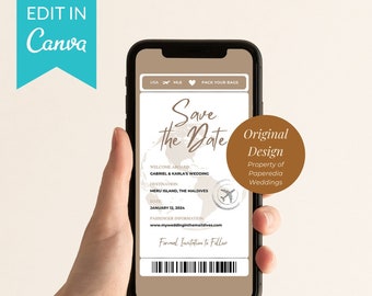 Taupe Neutral Mobile Destination Wedding Invitation Template, Editable with Canva, Plane Ticket or Boarding Pass Digital Invitation Template