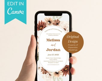 Mobile Wedding Floral Invitation Template, Editable with Canva, Bohemian Arch Flowers, Terracotta neutral, boho wedding invitation template