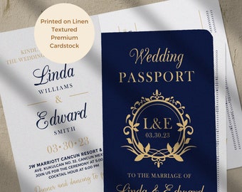 Passport Invitation for a Destination wedding, elegant travel theme destination wedding passport invitation Printed in linen textured paper