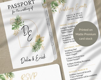 Tropical Green and Gold Passport Invitation Set/Bundle, destination wedding invitation, includes passport, RSVP, and wedding itinerary card