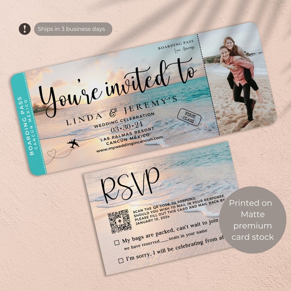 Boarding Pass and RSVP Set, Beach Wedding Invitation perfect for a Destination wedding, beach wedding or Travel theme Wedding