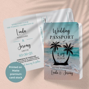 Passport Invitation for a Beach Destination wedding, travel theme wedding passport invitation perfect for a tropical wedding, order a sample