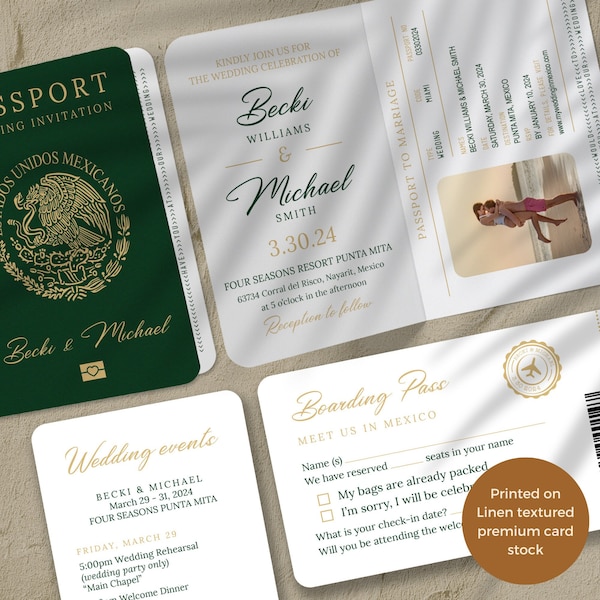 Green Mexican Passport Invitation Set/Bundle, modern elegant destination Mexico wedding invitation, passport,boarding pass, wedding timeline