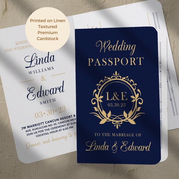 Passport Invitation for a Destination wedding, elegant travel theme destination wedding passport invitation Printed in linen textured paper