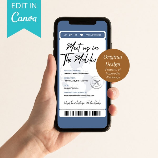 Dusty Boardwalk Blue Mobile Destination Wedding Invitation Template, Editable with Canva, Plane Ticket or Boarding Pass Digital Template