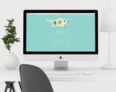 2018 Computer Desktop Wallpaper Calendar, 1920x1080pixels, Teal and Gold, watercolor floweer calendar, New year Calendar, Desktop Calendar.