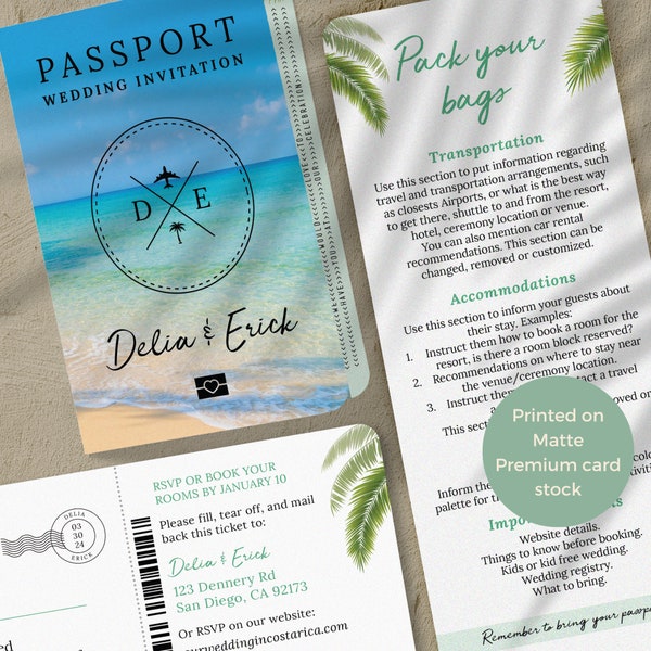 Tropical Beach Destination Wedding Invitation bundle, includes passport invitation, rsvp boarding pass, details or wedding weekend itinerary