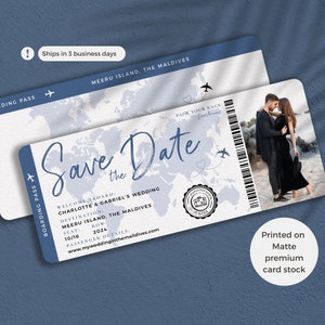 Dusty Boardwalk Blue Boarding Pass Save the Date Ticket Invitation Perfect for a Destination wedding Invitation, travel theme wedding