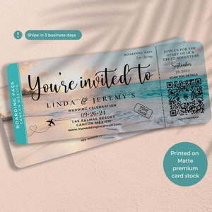 Beach Boarding Pass Wedding Invitation perfect for a Destination wedding, beach wedding or Travel theme Wedding, QR Code Couple Picture