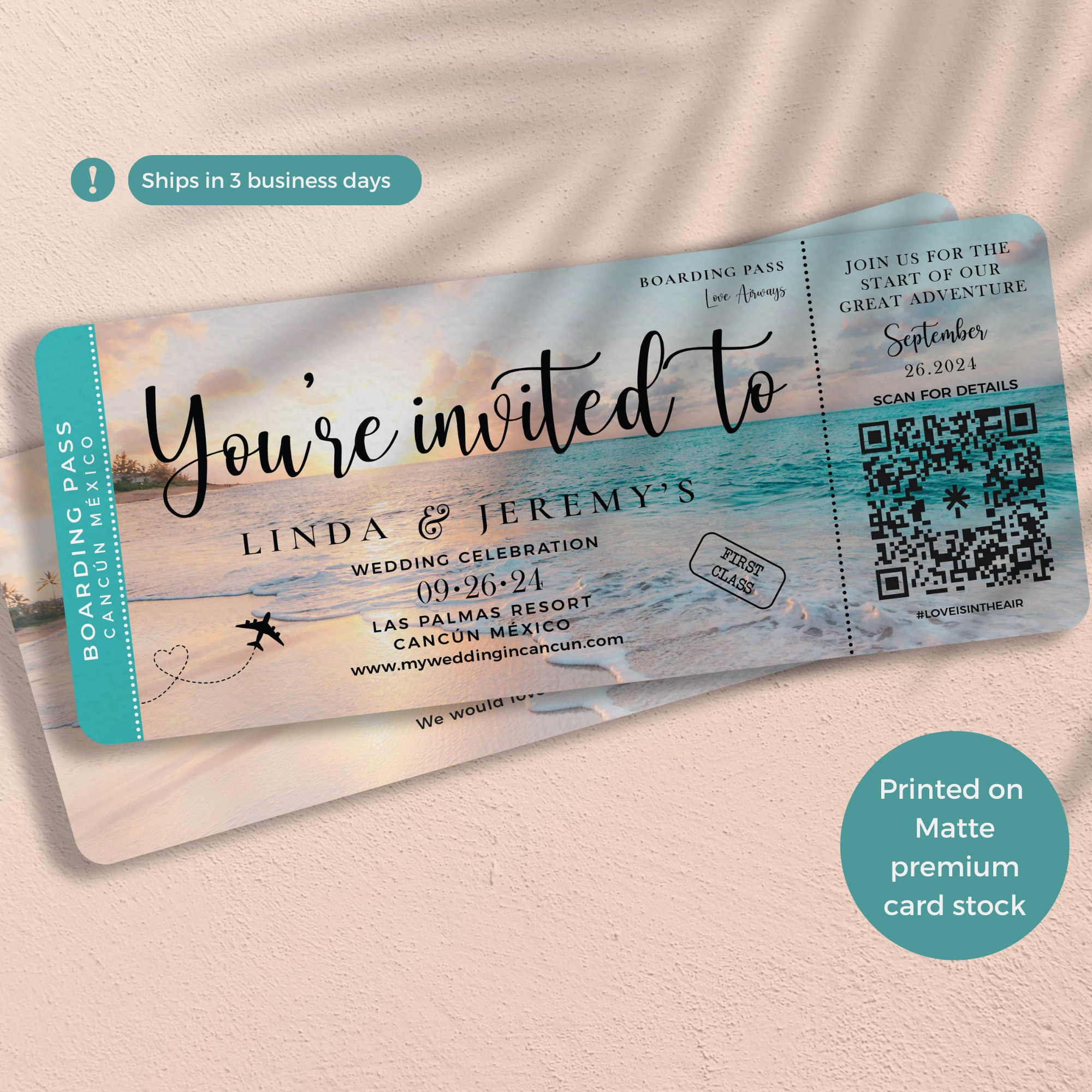 Beach Boarding Pass Wedding Invitation perfect for a Destination wedding, beach wedding or Travel theme Wedding, QR Code Couple Picture