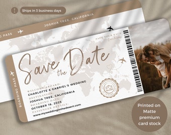 Taupe Neutral Boarding Pass Save the Date Ticket Invitation Perfect for a Destination wedding Invitation, travel theme wedding, beige tan