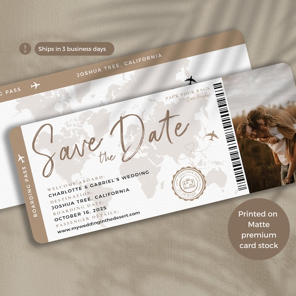 Taupe Neutral Boarding Pass Save the Date Ticket Invitation Perfect for a Destination wedding Invitation, travel theme wedding, beige tan