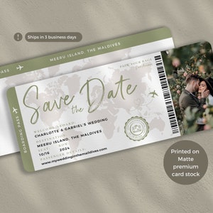 Sage Green Boarding Pass Save the Date Ticket Invitation Perfect for a Destination wedding Invitation, travel theme wedding, leafy green