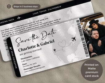 Black & White Modern Boarding Pass Save the Date Invitation for a Destination wedding, Plane ticket invitation, minimalist travel wedding
