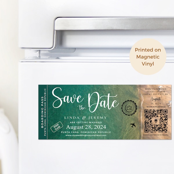 Beach Boarding Pass Fridge Magnet Save the Date or invitation for a Destination wedding in Mexico, a beach wedding in Punta Cana or Jamaica