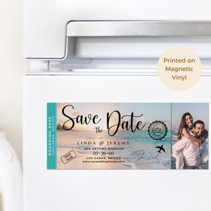 Save the Date Fridge Magnet QR Code Boarding Pass with picture, perfect for a Destination wedding, beach wedding or Travel theme Wedding