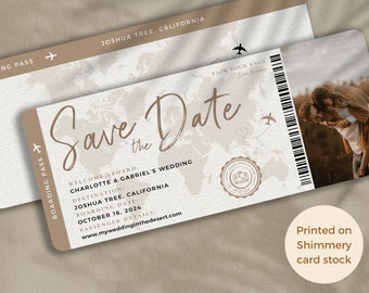 Taupe Neutral Boarding Pass Save the Date Ticket Invitation Perfect for a Destination wedding Invitation, travel theme wedding, beige tan