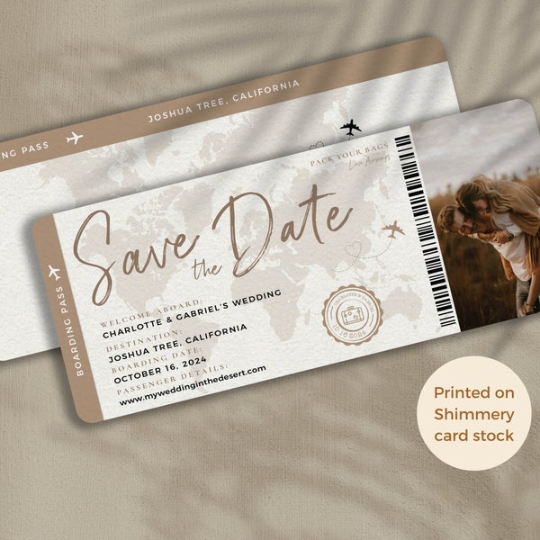 Taupe Neutral Boarding Pass Save the Date Ticket Invitation Perfect for a Destination wedding Invitation, travel theme wedding, beige tan