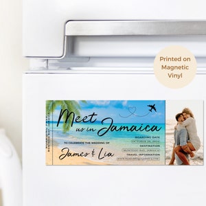 Meet us in Jamaica Save the Date Fridge Magnet QR Code Picture Boarding Pass for a Destination beach wedding or tropical travel wedding
