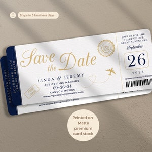 Gold Save the Date Boarding Pass Invitation, part of the Gold Travel Wedding Collection, perfect for a Destination Travel theme Wedding