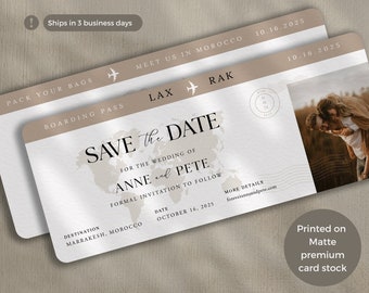 Taupe Minimalist, Neutral Boarding Pass Save the Date Ticket Invitation Perfect for a Destination wedding Invitation, travel theme wedding