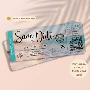 Beach Boarding Pass Save the Date in Matte Cardstock perfect for a Destination wedding beach wedding Travel Wedding QR Code Couple Picture