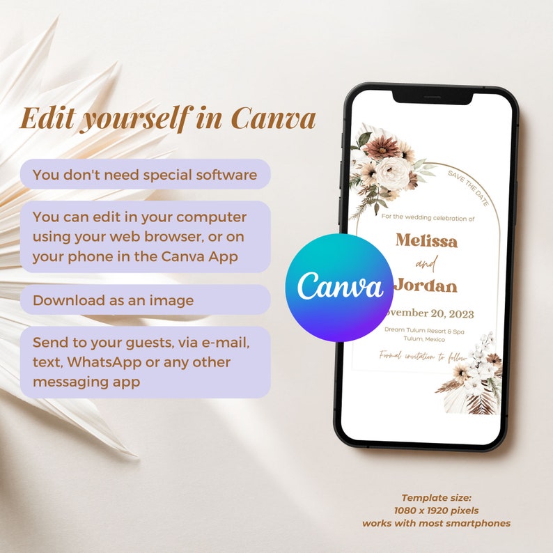 Mobile Wedding Invitation Template, Editable with Canva, Bohemian Arch Flowers, Terracotta neutral colors, boho wedding invitation template image 3