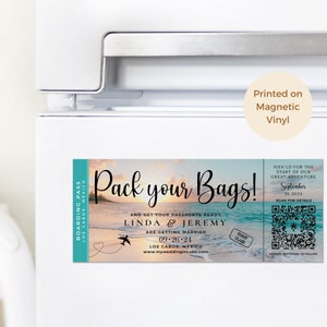 Pack your Bags Save the Date Boarding Pass Fridge Magnet with QR Code, engagement picture Destination beach wedding or Travel theme Wedding