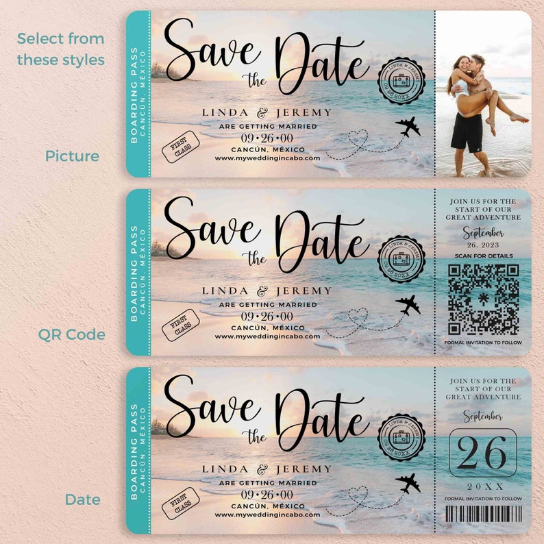 Beach Boarding Pass Save the Date in Matte Cardstock perfect for a Destination wedding beach wedding Travel Wedding QR Code Couple Picture image 4