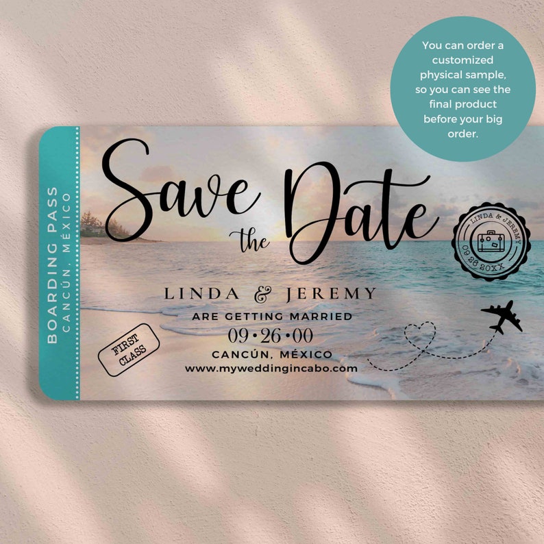 Beach Boarding Pass Save the Date in Matte Cardstock perfect for a Destination wedding beach wedding Travel Wedding QR Code Couple Picture image 3
