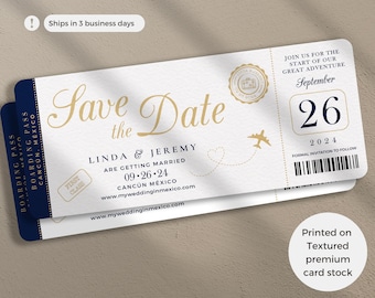 Gold Save the Date Boarding Pass Invitation, part of the Gold Travel Wedding Collection, perfect for a Destination Travel theme Wedding