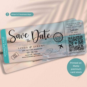 Beach Boarding Pass Save the Date in Matte Cardstock perfect for a Destination wedding beach wedding Travel Wedding QR Code Couple Picture