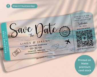 Beach Boarding Pass Save the Date in Matte Cardstock perfect for a Destination wedding beach wedding Travel Wedding QR Code Couple Picture