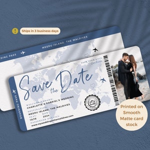 Dusty Boardwalk Blue Boarding Pass Save the Date Ticket Invitation Perfect for a Destination wedding Invitation, travel theme wedding