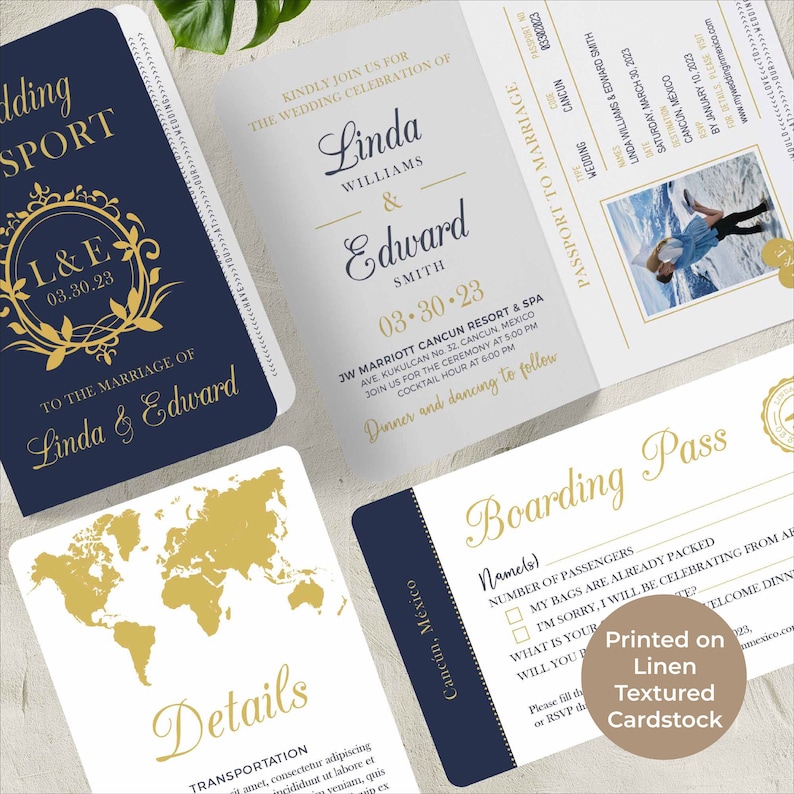 Passport Invitation Set/Bundle, perfect for a destination wedding theme, includes passport/boarding pass and details insert image 1