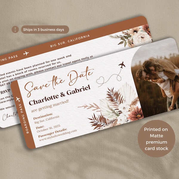 Boho Chic Boarding Pass Terracotta Save the Date Invitation for a Destination wedding with bohemian, neutral, taupe and burnt orange palette