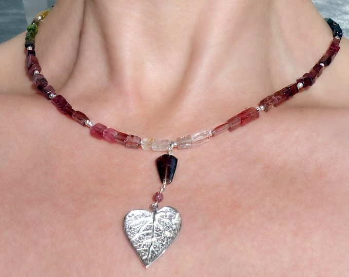 Multi Color Tourmaline choker with Sterling Silver. Pink green Tourmaline, Rainbow Tourmaline necklace with sterling silver leaf pendant